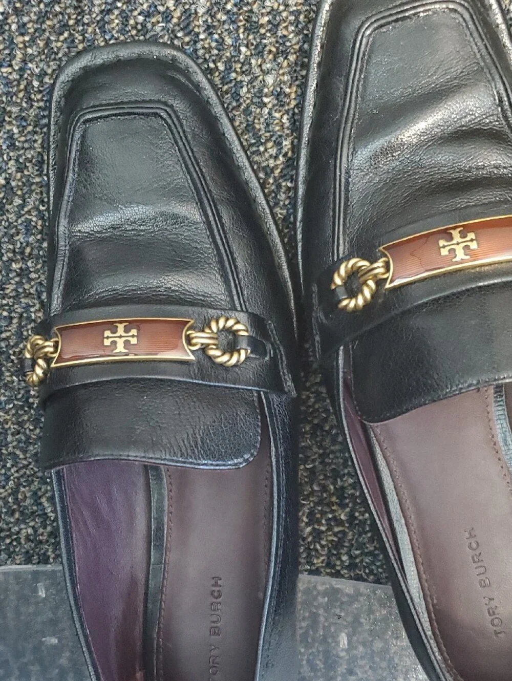 Tory Burch Black Leather WoMen’s Loafers with Gold & Brown Accents